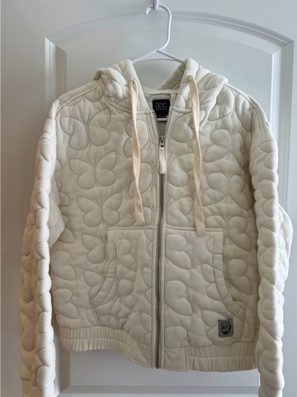 Urban Outfitters Cream Quilted Butterfly Zip-Up Hoodie